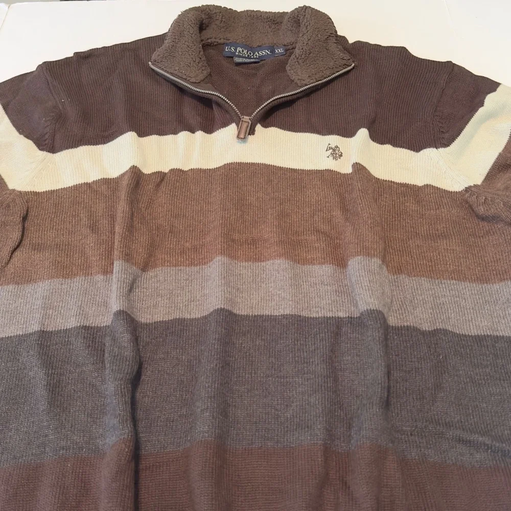 US Polo Assn Quarter Zip Sweater Brown Striped Sherpa Collar XXL